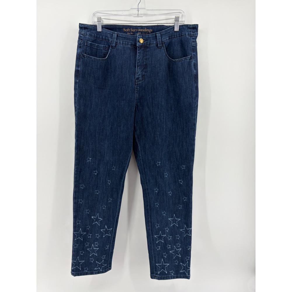 Soft Surroundings Womens 14 Blue Denim Jeans Star Print‎ Celestial Straight Leg